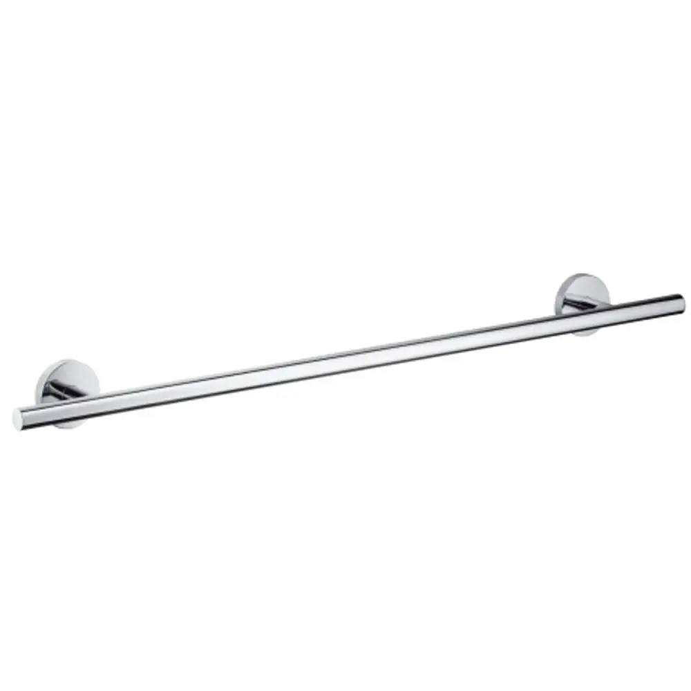 Chromfarbener Handtuchhalter von Hansgrohe. Langer, gerader Halter, montiert mit zwei runden Halterungen an der Wand.